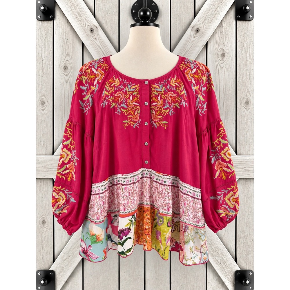 John Mark Boho Top Heavy Embroidery Patchwork Size 1X Pink Floral Mixed Media